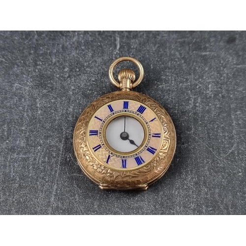 737 - A Continental 12ct gold and guilloche enamel half hunter stem wind fob watch, 33mm, import mark Lond... 