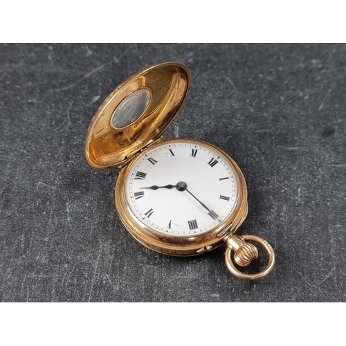 737 - A Continental 12ct gold and guilloche enamel half hunter stem wind fob watch, 33mm, import mark Lond... 