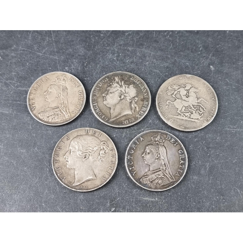 762 - Coins: three silver crowns, comprising: a George III 1820; a George IV 1821 'SECUNDO'; and a Victori... 