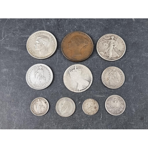 764 - Coins: a small quantity of silver and part silver UK and world coins, 61g; together with a Victoria ... 