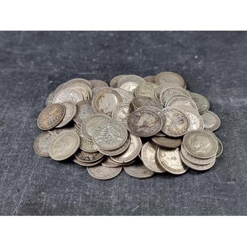 772 - Coins: one hundred George V .500 silver 3d coins, 140g.