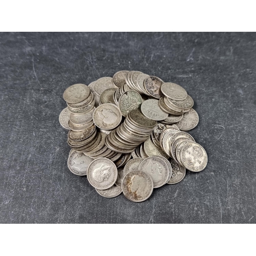 773 - Coins: one hundred George V .500 silver 3d coins, 140g.