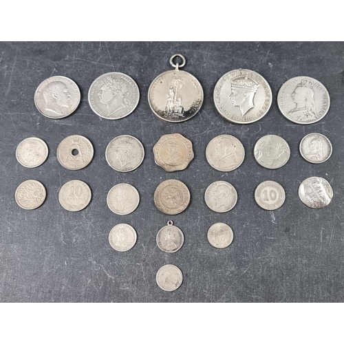 777 - Coins: a George IV 1821 silver half crown; together with various other UK silver coins, 49.3g; and o... 