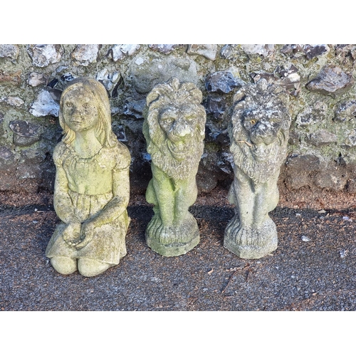 1633 - A pair of old weathered composition stone lion gate pier finials, 54cm high; together with another s... 