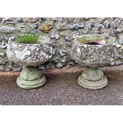 1644 - An old pair of weathered composition stone garden pots, 47cm high; together with another pedestal ur... 