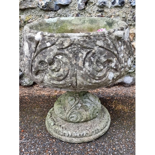 1644 - An old pair of weathered composition stone garden pots, 47cm high; together with another pedestal ur... 