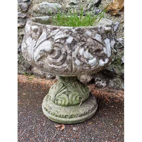 1644 - An old pair of weathered composition stone garden pots, 47cm high; together with another pedestal ur... 