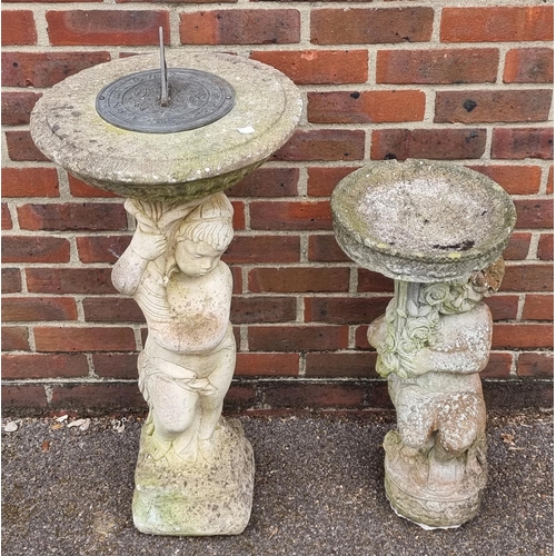 1646 - A composition stone figural sun dial, 98m high; together with a similar small bird bath. (2)... 