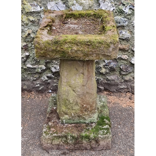 1647 - An old weathered composition stone pedestal bird bath, 76cm high; together with another garden ... 