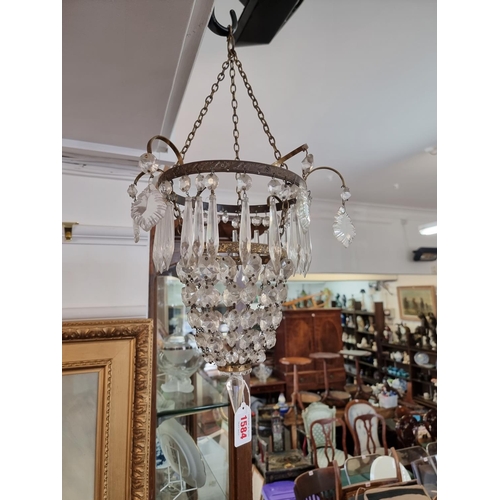 1584 - An old brass and faceted bead bag chandelier, approx 30cm high.