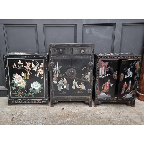 1012 - Three similar Chinese black lacquer side cabinets, one with soapstone decoration, largest 61cm ... 