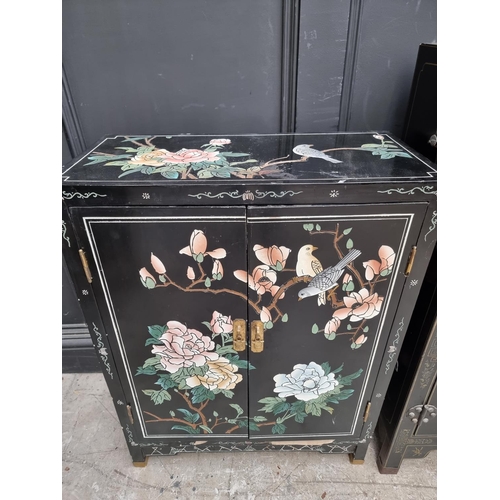 1012 - Three similar Chinese black lacquer side cabinets, one with soapstone decoration, largest 61cm ... 