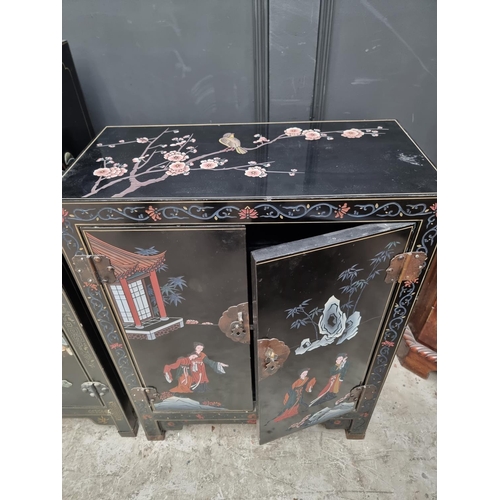 1012 - Three similar Chinese black lacquer side cabinets, one with soapstone decoration, largest 61cm ... 