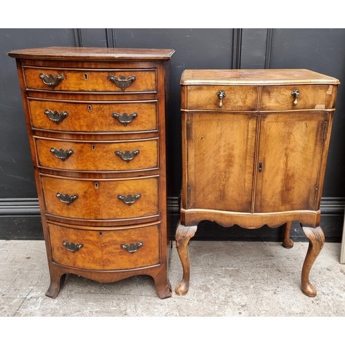 1016 - A small walnut bowfront chest of drawers, 45cm wide; together with another small walnut side ca... 