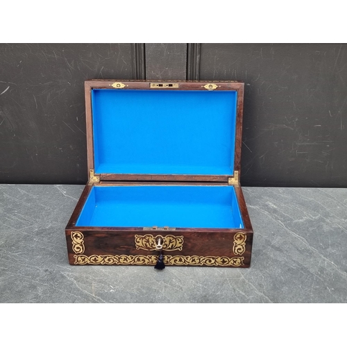 1034 - A 19th century rosewood and brass inlaid casket, with void interior, 36cm wide.