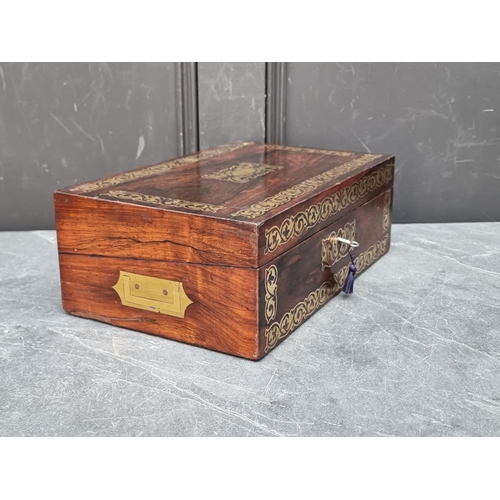 1034 - A 19th century rosewood and brass inlaid casket, with void interior, 36cm wide.