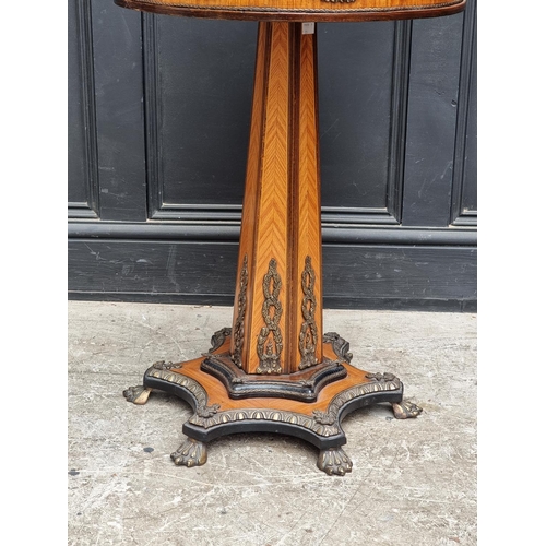 1056 - A reproduction burr walnut, tulip wood and brass mounted circular pedestal table, 51.5cm diamet... 