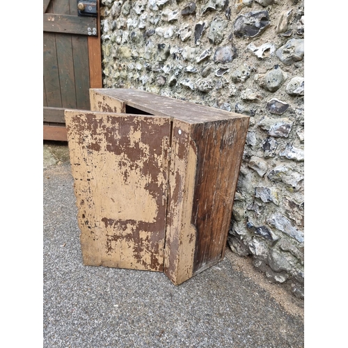 1103 - An 18th century primitive painted wall cupboard, 76cm high x 100cm wide.