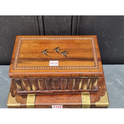 1124 - A Victorian walnut and brass bound writing slope, 30cm wide; together with a Sorrento novelty casket... 