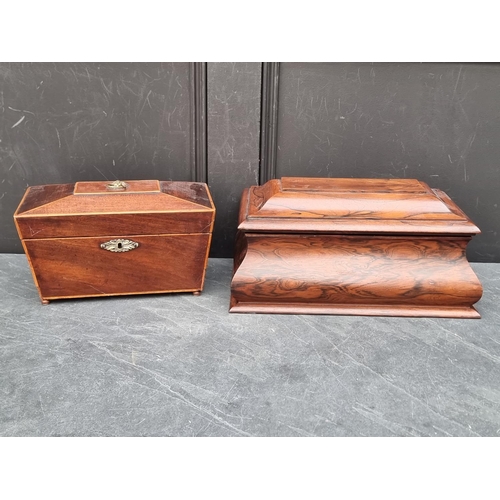 1125 - A rosewood sarcophagus tea caddy and cover, 39.5cm wide; together with another 19th century mah... 