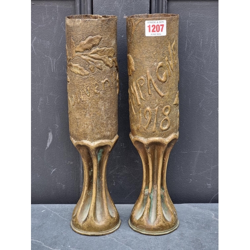 1207 - An interesting pair of WWI Trench Art brass vases, one inscribed 'Champagne, 1918', 35cm high. (2)... 