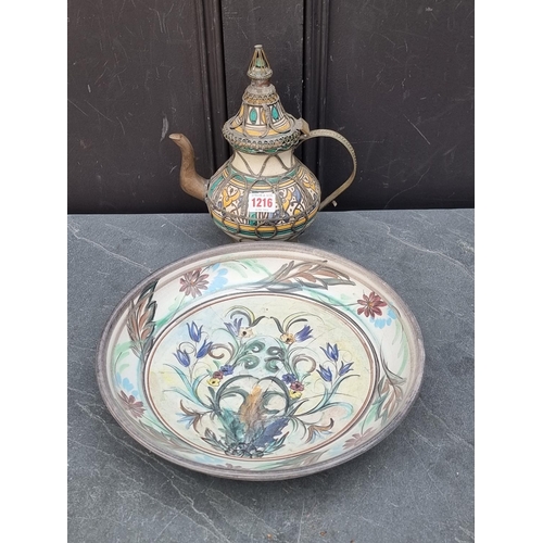 1216 - Studio Pottery: a Glyn Colledge dish, 32cm diameter; together with an Iznik style coffee pot, 26cm h... 