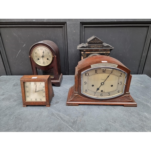 1221 - Three old clocks and a timepiece, largest 31cm high. (4)