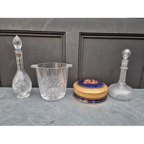 1228 - A Victorian etched and cut glass decanter and stopper; together with an ice bucket; and two oth... 