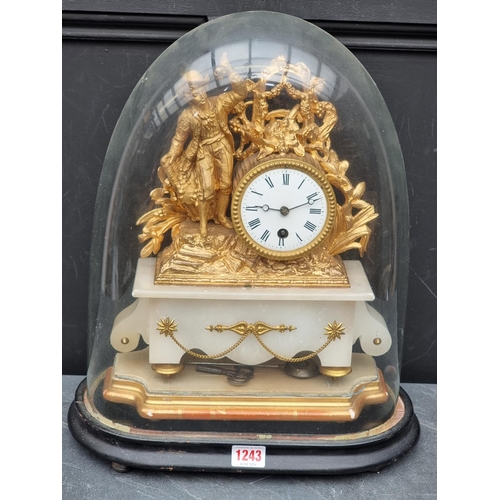 1243 - A 19th century gilt metal and alabaster mantel clock, 31cm high, with pendulum, on giltwood stand, w... 