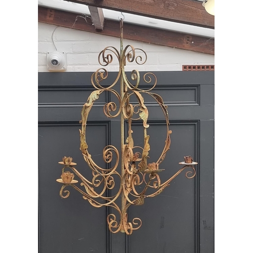 1246 - A wrought iron or steel five branch chandelier, 97cm high.