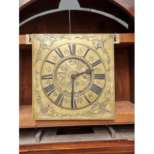 1255 - An 18th century Dutch walnut and marquetry longcase clock, with 8in square brass dial, with ass... 