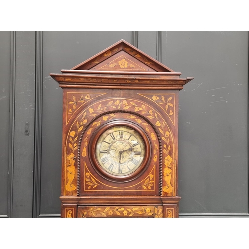 1255 - An 18th century Dutch walnut and marquetry longcase clock, with 8in square brass dial, with ass... 