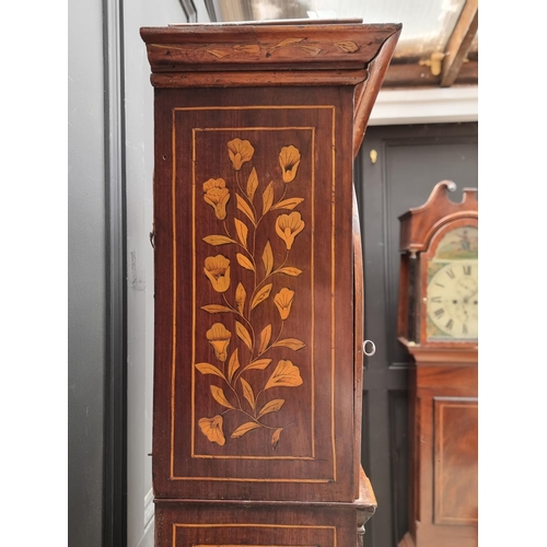 1255 - An 18th century Dutch walnut and marquetry longcase clock, with 8in square brass dial, with ass... 