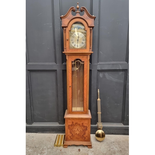 1256 - A reproduction walnut and inlaid longcase clock, with 9in brass moonphase dial, 206.5cm high, with p... 