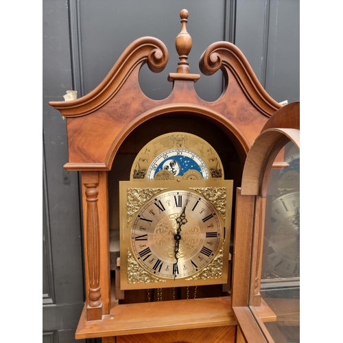 1256 - A reproduction walnut and inlaid longcase clock, with 9in brass moonphase dial, 206.5cm high, with p... 