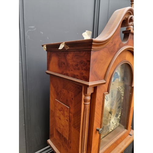 1256 - A reproduction walnut and inlaid longcase clock, with 9in brass moonphase dial, 206.5cm high, with p... 