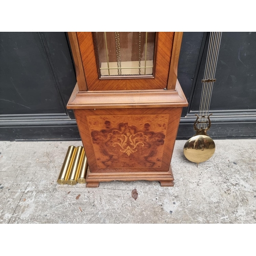 1256 - A reproduction walnut and inlaid longcase clock, with 9in brass moonphase dial, 206.5cm high, with p... 