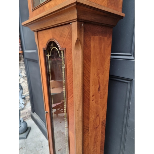 1256 - A reproduction walnut and inlaid longcase clock, with 9in brass moonphase dial, 206.5cm high, with p... 