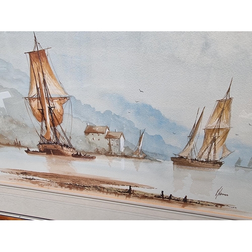 1257 - Ken Hammond, sailing boats by a shoreline, signed, watercolour, 35.5 x 52cm.