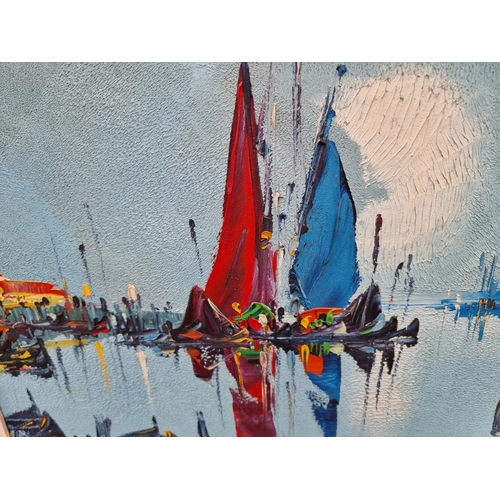 1274 - George R Deakins, sailing vessels in a harbour, signed, further labelled verso, oil on board, 39.5 x... 