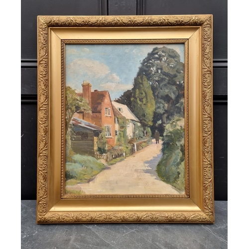 1289 - English School, a figure in a country lane, oil on canvas, 49 x 39cm.