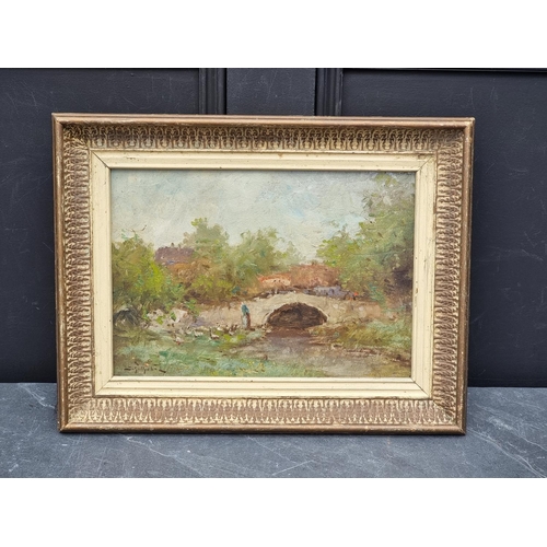 1295 - Impressionist School, late 19th/early 20th century, a figure and ducks by a riverside bridge, indist... 