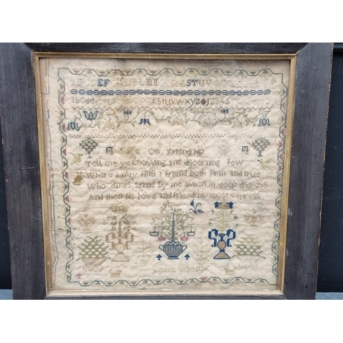 1297 - A 19th century needlework sampler, by 'Emma Wheeler', 32 x 32cm.