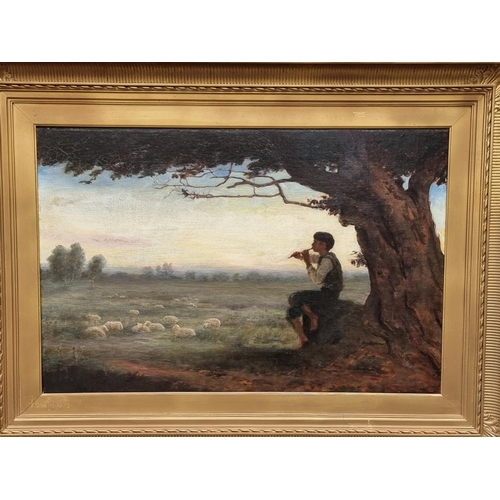 1301 - M Hope, 'Shepherd Boy at Twilight', signed and dated 1891, inscribed on old label verso, oil on canv... 