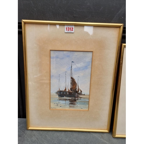 1312 - British School, sailing boats on a shoreline, indistinctly signed, watercolour, 22.5 x 15cm; togethe... 