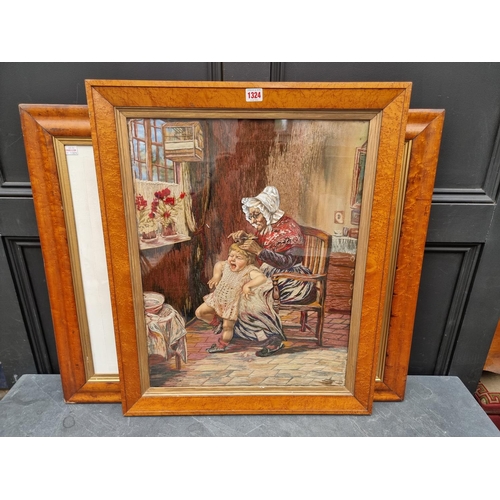 1324 - Victorian School, 'The Haircut', mixed media, 60 x 47cm, in a bird's-eye maple frame; together with ... 