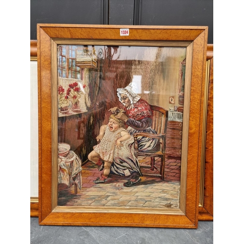 1324 - Victorian School, 'The Haircut', mixed media, 60 x 47cm, in a bird's-eye maple frame; together with ... 