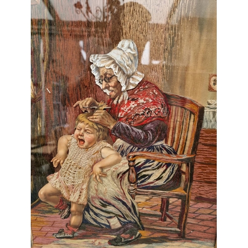 1324 - Victorian School, 'The Haircut', mixed media, 60 x 47cm, in a bird's-eye maple frame; together with ... 