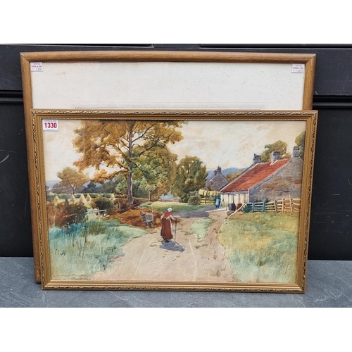 1330 - William MacBride, figures by a rural cottage, signed and inscribed, watercolour, 34.5 x 52.5cm; toge... 