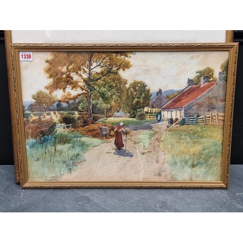 1330 - William MacBride, figures by a rural cottage, signed and inscribed, watercolour, 34.5 x 52.5cm; toge... 